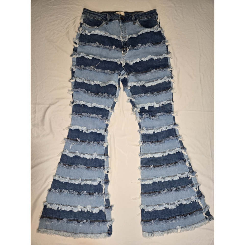 Loverly Fit Patchwork Shredded Hi Rise Flare Jeans Womens 15 Blue Unique Boho **